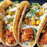 Delicious fried chicken tacos topped with street corn and jalapeño lime ranch dressing.