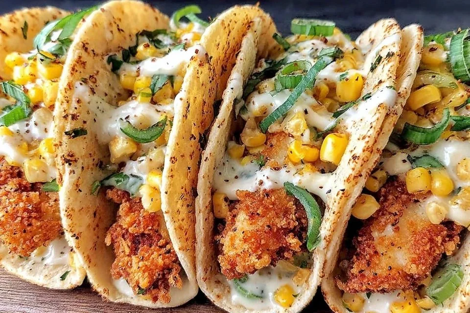 Delicious fried chicken tacos topped with street corn and jalapeño lime ranch dressing.