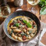 A cozy bowl of Creamy Tuscan “Marry Me” Butter Beans — tender butter beans coated in a rich, creamy sauce with visible sun-dried tomatoes, wilted spinach, garlic, and sprinkled Parmesan cheese on top. The dish is served in a rustic ceramic bowl with a drizzle of olive oil and a few basil leaves for garnish. Placed on a wooden farmhouse table with a linen napkin, a spoon, and a glass of white wine nearby. Warm, natural lighting, shallow depth of field, professional food photography, top-down or 45-degree angle, vibrant and appetizing tones, cozy Tuscan kitchen atmosphere.