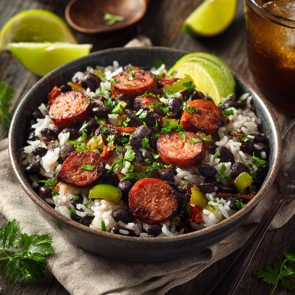 easy black beans and rice recipe, black beans and rice with sausage, homemade Cajun beans and rice, one pot sausage rice recipe, quick dinner ideas, Southern comfort food, weeknight meal