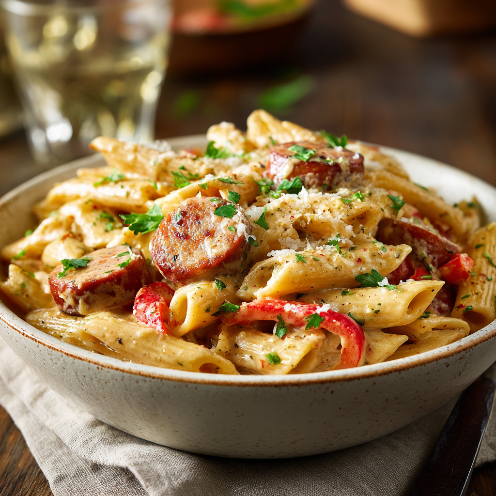 easy creamy Cajun sausage pasta recipe, homemade Cajun pasta, best Cajun sausage pasta, one pot Cajun pasta, quick dinner ideas, spicy sausage pasta, Cajun pasta with cream sauce