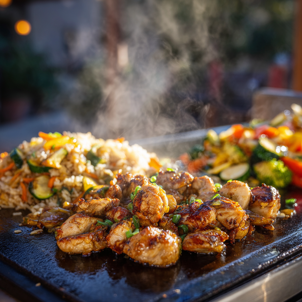 Blackstone hibachi chicken, Blackstone griddle recipes, easy hibachi chicken recipe, homemade hibachi chicken, flat-top hibachi, hibachi chicken on Blackstone, quick dinner ideas, best hibachi chicken recipe, griddle chicken recipe