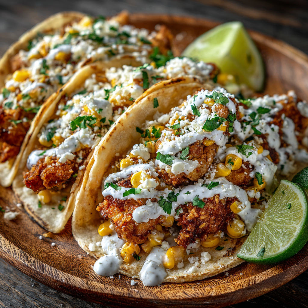 fried chicken street corn tacos, jalapeño lime ranch recipe, easy homemade tacos, crispy fried chicken tacos, best taco recipes, quick dinner ideas, flavorful street tacos, taco Tuesday recipes