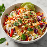 spring roll salad, spring roll salad with peanut sauce, easy spring roll salad recipe, homemade peanut sauce, quick dinner ideas, healthy Asian-inspired salad, fresh noodle salad, best peanut sauce recipe, summer salad ideas